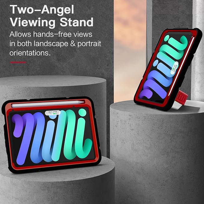 Grifobes Case for iPad mini 7th 2024 (A17 Pro) / Mini 6th Generation 2021 8.3", Heavy Duty Shockproof Cover with Pencil Holder Stand, for i Pad Mini 7/6 Gen 8.3 inch Case (Black+Red+Red)
