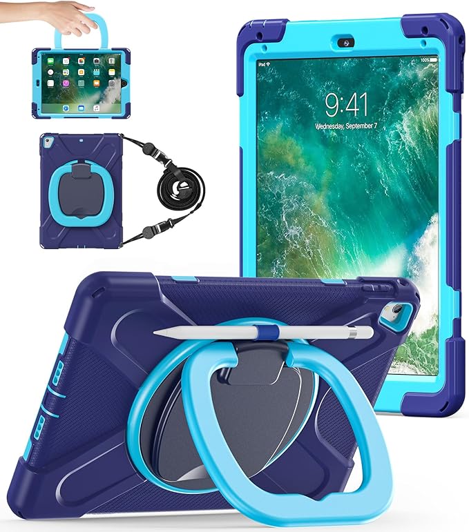 BATYUE Case for iPad 9.7 inch, 2018 iPad 6th Gen, 2017 iPad 5th Gen, iPad Air 2/ iPad Pro 9.7'',Shockproof Protective Cover with Pencil Holder &Rotating Bracket &Shoulder Strap (Navy Blue+Blue)