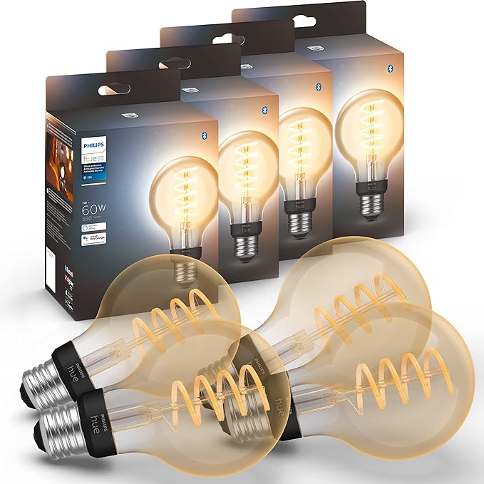 Philips Hue Smart 60W G25 Filament LED Bulb - White Ambiance Warm-to-Cool White Light - 4 Pack - 550LM - E26 - Indoor - Control with Hue App - Works with Alexa, Google Assistant and Apple Homekit