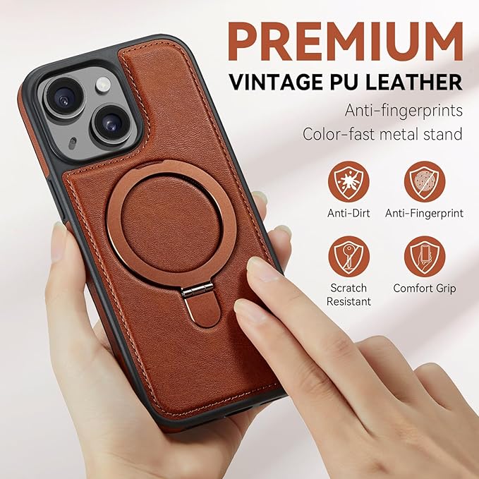 for iPhone 15 Case with Stand Compatible with Magsafe Slim PU Leather & Durable TPU Drop Proof Magnetic Kickstand Protective Phone Cover with Tempered Glass Screen Protector 6.1", Brown