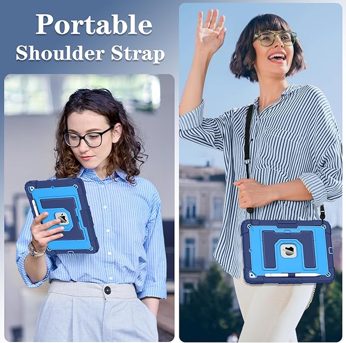 Kids Friendly Case for Apple iPad 10.2" 9th 8th 7th Generation 2021/2020/2019 Case with Pencil Holder & Shoulder Strap, Military Grade Shockproof Kickstand Hard Shell Protective Cover,Blue
