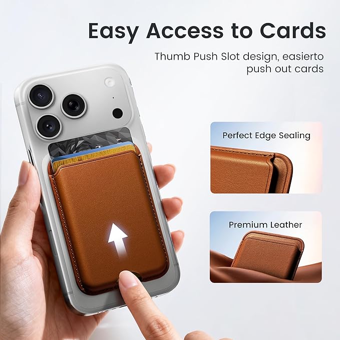 Stronger Magnetic Wallet for iPhone 17/16/15/14/13/12 Series, Slim Leather Magnetic Card Holder with RFID Blocking, N52 Magnet Phone Wallet, Fit 3 Cards, Dark Brown