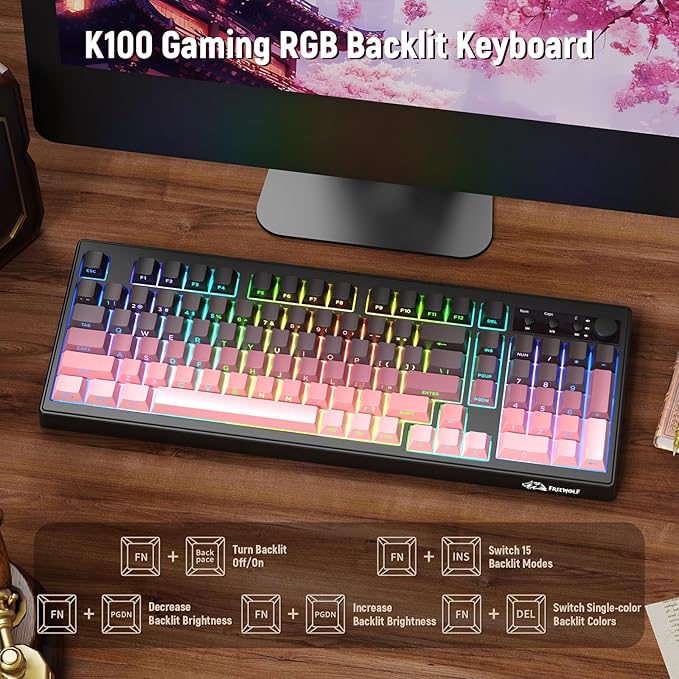 ZIYOU LANG K100 Wireless Gaming Keyboard,99 Keys Tri-Mode BT/2.4GHz/USB-C Creamy Color Keyboard with Number Pad RGB,Media Knob Custom Programmable Computer Keyboards for PC/Mac/Xbox (Pink)