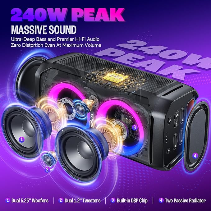 W-KING Portable Bluetooth Speaker 240W, Loud Boom Box with Deep Bass Subwoofers, IPX6 Waterproof Party Outdoor Speaker, Speakers Bluetooth Wireless, RGB Lights, 24H, Mic&Guitar Input, Echo, EQ, AUX