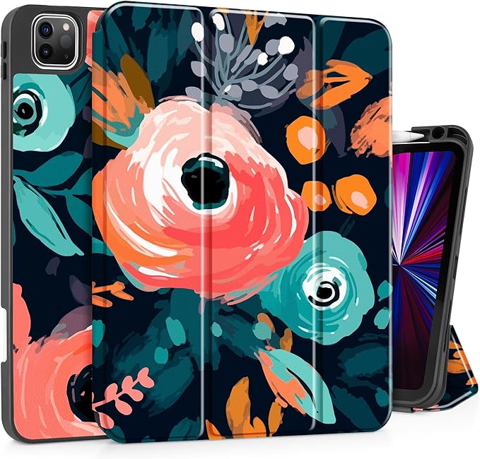 May Chen Case for iPad Pro 11 inch (4th, 3rd, 2nd & 1st Gen) 2022 2021 2020 2018, Trifold Stand + Pencil Holder + Auto Wake/Sleep + Soft TPU Protective Stand Back Cover, Bright Flowers