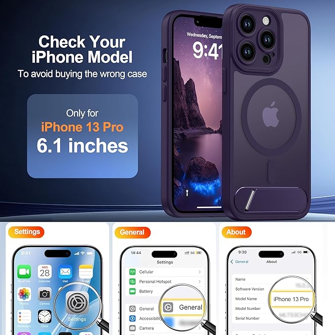 Magnetic Compatible with iPhone 13 Pro Case, [Built-in Kickstand][Full Camera Protection][Compatible with MagSafe][Anti-Fingerprint] Shockproof Phone Case for iPhone 13 Pro 6.1",Purple