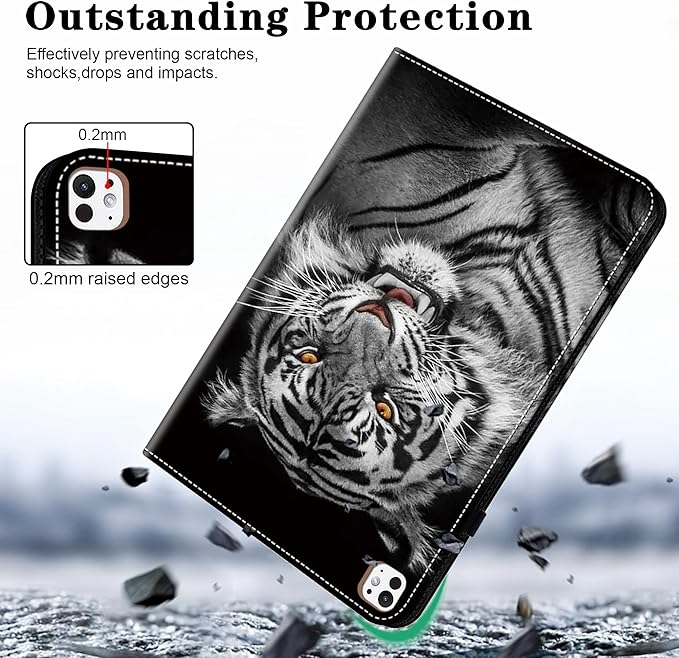 Case for iPad Pro 13 inch (M5/M4) 2025/2024, Premium Leather Folio Stand Protectors Cover with Auto Wake/Sleep, Pencil Holder, Hand Strap and Card Slots - Black Tiger