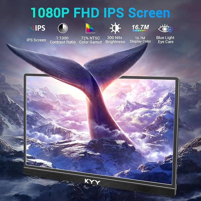 KYY Portable Monitor 15.6'' FHD 1080P USB C HDMI Gaming Monitor Ultra-Slim IPS Display w/Smart Cover & Speakers, Plug&Play, External Monitor for Laptop PC Phone Mac Xbox PS4