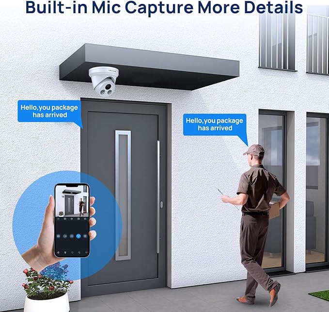 4K PoE Camera Outdoor, 8MP POE Turret Dome Camera with Human/Vehicle Detection, Built-in Mic, 2.8mm 108° Wide-Angle Lens, 98ft IR Night Vision, IP67, Blue Iris for Home Security,NDAA Compliant