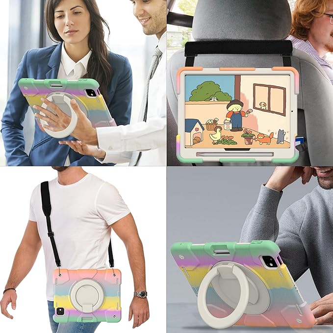Andnary Case for iPad Pro 11 Inch M4 2024/M5 2025 Case, Heavy Duty Shockproof Cover with Screen Protector/360° Rotate Stand/Shoulder Strap/Pencil Holde (Colorful Pink, iPad Pro M4/M5 11 inch)