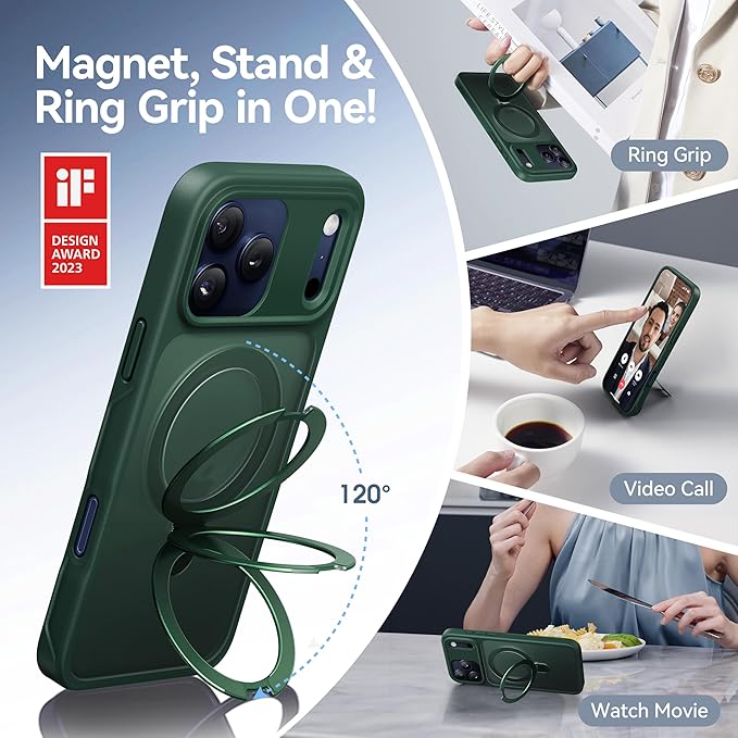 CASEKOO Ultra-Magnetic Stand for iPhone 17 Pro Case [Military Drop Protection] [Compatible with MagSafe] Shockproof Translucent Matte Slim Ring for iPhone 17 Pro Phone Case 6.3", Green