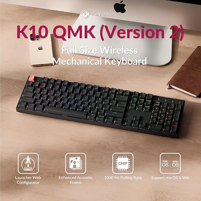 Keychron K10 Full-Size Layout QMK Wireless Mechanical Keyboard, Bluetooth/Wired Hot-Swappable Gaming Keyboard with Keychron Super Red Switch, RGB Backlight, PBT Keycaps for Mac/Windows-Version 2
