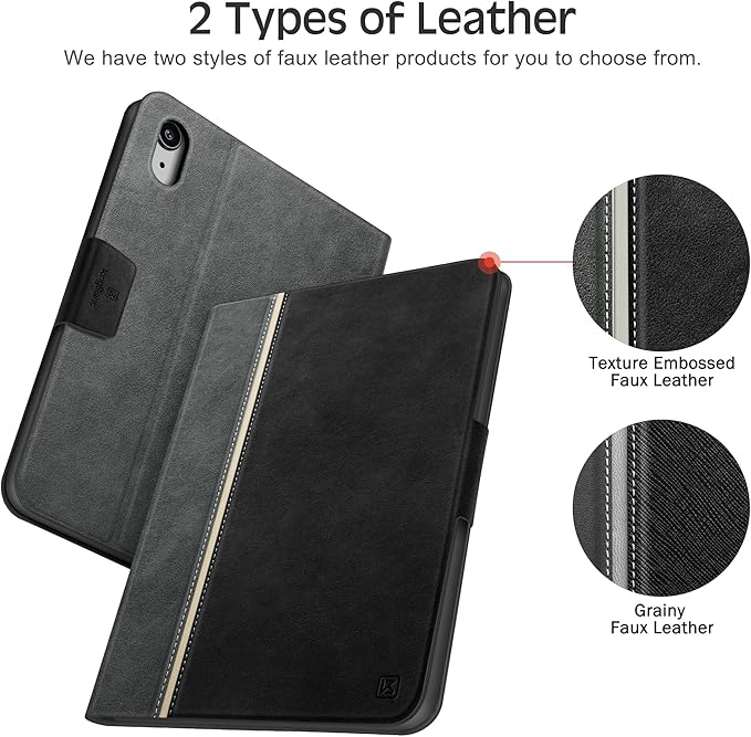 KingBlanc Case for iPad mini 7 (A17 Pro), iPad mini 7th/6th Generation (2024/2021) Vintage Vegan Leather Cover with Pencil Holder, Auto Sleep/Wake, Stand with Viewing & Drawing Angles, Black
