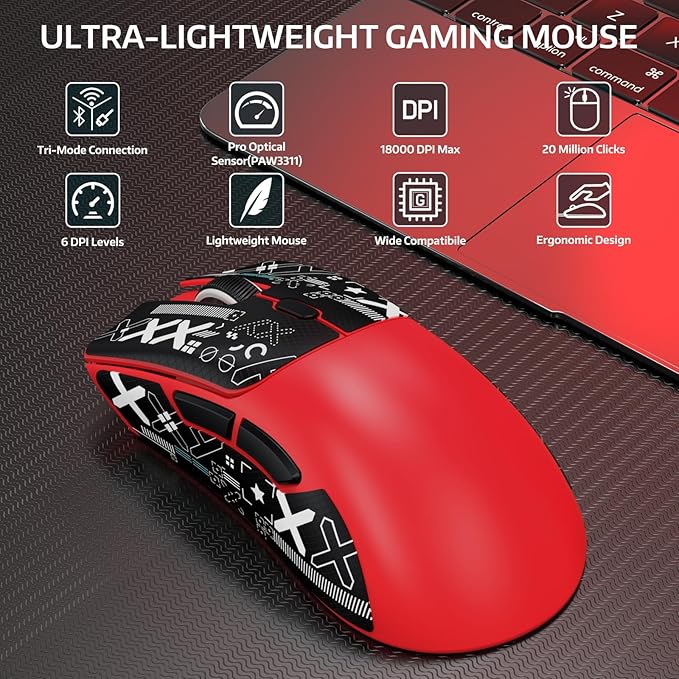 ATTACK SHARK R1 Wireless Gaming Mouse,Tri-Mode Connection (2.4G/Wired/BT5.2),55g Lightweight,18K DPI Optical Sensor,HUYU 20 Million Key Life,Ergonomic Design,for PC/Laptop/Win/Mac(Red+Sticker)