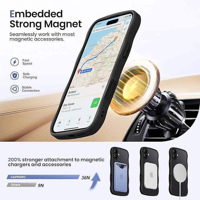CAPRARO for iPhone 16 Case with 360° Spin Magnetic Stand for Women, [Compatible with MagSafe] [Full Camera Protection] Cute Wave Translucent Matte Case for iPhone 16, Black