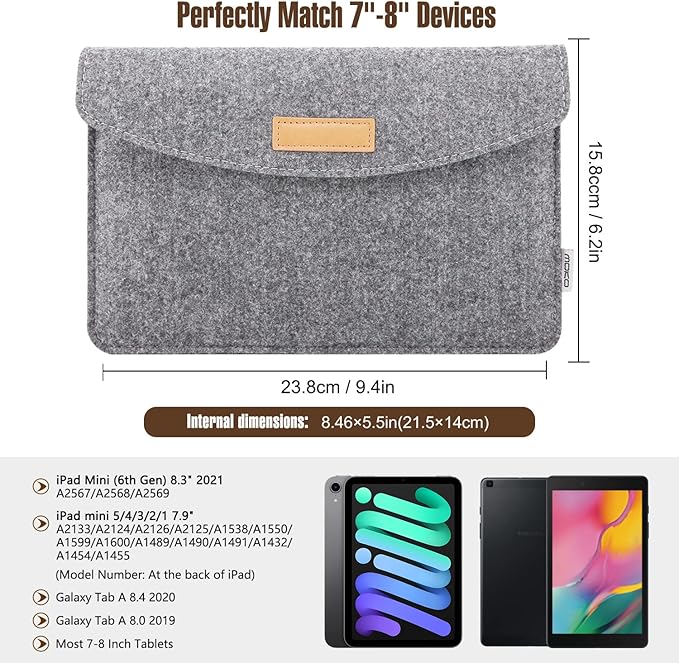 MoKo 7-8 Inch Sleeve Bag, Portable Carrying Protective Felt Tablet Case Cover Fits with iPad mini (A17 Pro) 8.3" 2024, iPad mini 6/5/4/3/2/1, Galaxy Tab S2, Tab A 8.0, ZenPad Z8s 7.9, Light Gray