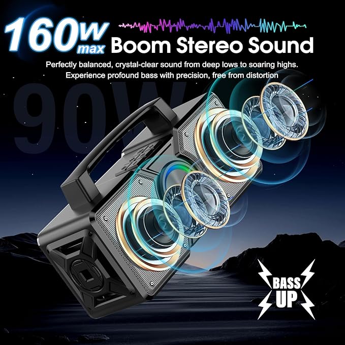 Hupoaf Speakers Bluetooth Wireless,160W Max Loud Bass Outdoor Speaker, IPX7 Waterproof, Boombox Sound, All Day Battery, Wireless TWS Pairing Speaks Portable for Party, Outsides, Beach,Garage