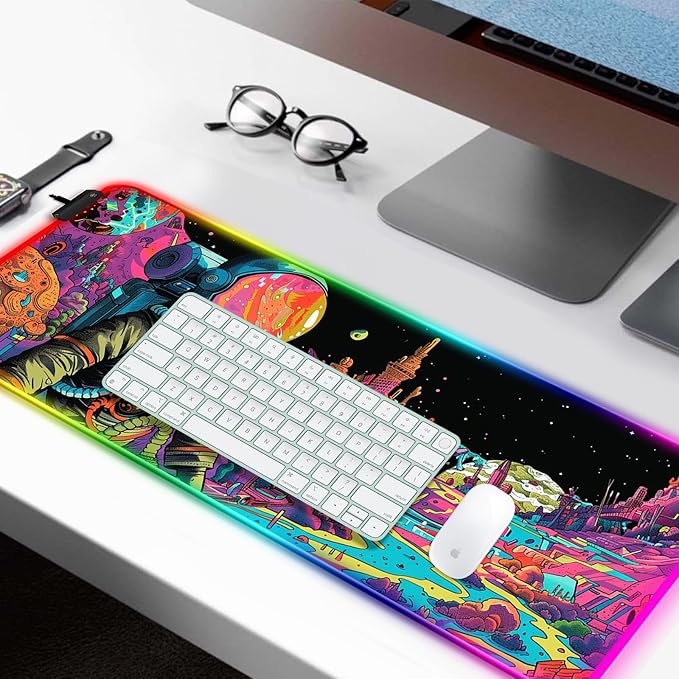 RGB Fantasy Planet Space Gaming Desk Mat, Computer Keyboard Large Extended Astronaut LED Mouse Pad for Office and Home, 31.5×11.8 Inches, XL