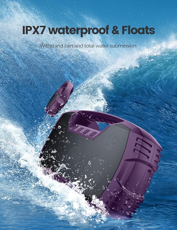 IPX7 Waterproof Outdoor Bluetooth Speaker, Wireless, 90W(Peak), 32H Playtime, Floating Design, Deep Bass & Loud Stereo Sound, Portable with Handle, Rugged for Pool, Beach, Kayaking, Hiking, Purple