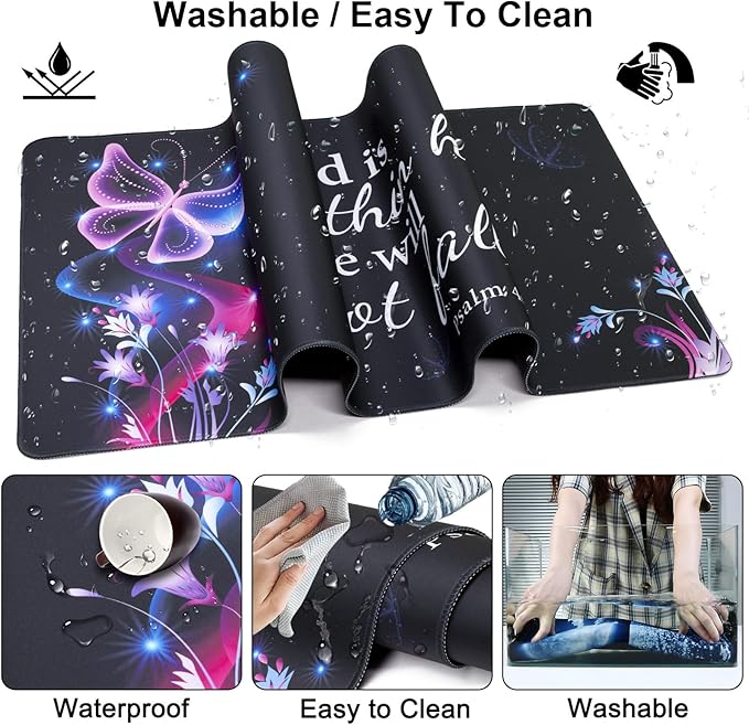 Mouse Pad + Desk Mat + Keyboard Wrist Rest + Coaster 4 in 1 Set, Cute Ergonomic Large Gaming Mousepad with Wrist Rest Support Desk Pad for Computer Laptop Office Home Decor-Purple Butterfly