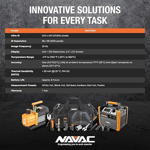 NAVAC NMT1200 Thermal Imaging Camera - Ultra IR Technology & Thermal Detector - Reduced Noise - Accurate Imaging - 25Hz Refresh - Up to 8-Hour Battery Life -Multiple Color Presets for HVAC Technicians