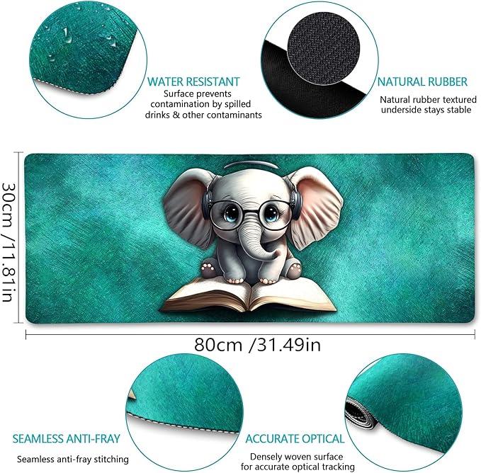 LIMKRIAN Elephant Mouse Pad, Large Extended Non-Slip Gaming Mat for Desk, Cute Keyboard and Mouse Pad for Computer, Laptop, Office Work, and Home, Stylish Desk Accessories (31.5x11.8 in)