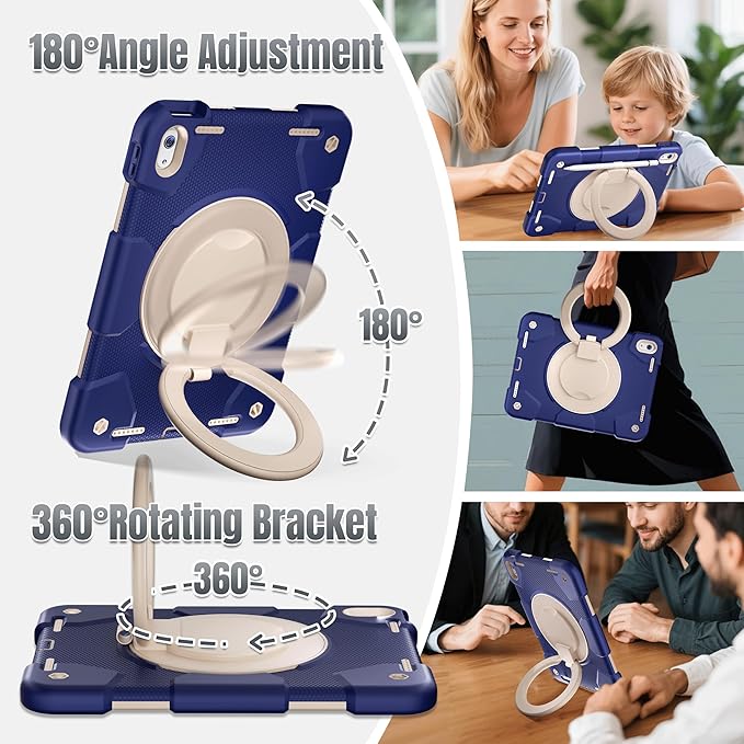 Andnary Case for iPad (A16) 11th /10th Generation 11/10.9 Inch 2025/2022 with Screen Protector/360° Rotate Stand/Shoulder Strap/Pencil Holder, Shockproof iPad 11th/10th Gen Cover (Navy+White)