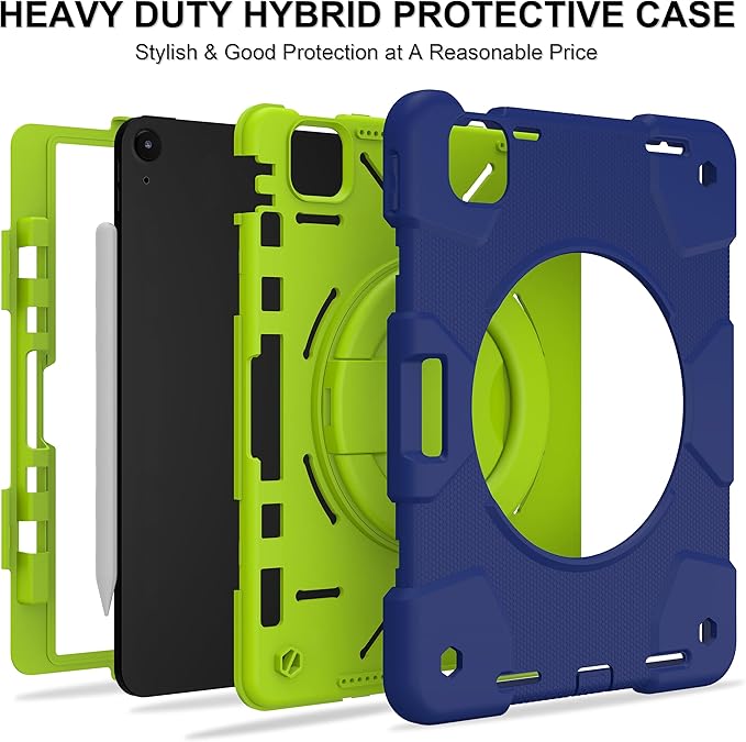 Andnary Case for iPad Air 11 inch Case M4/M3/M2 (2026/2025/2024), Heavy Duty Shockproof Cover with Screen Protector, 360° Rotating Stand, Pencil Holder, Shoulder Strap (Navy+Green)