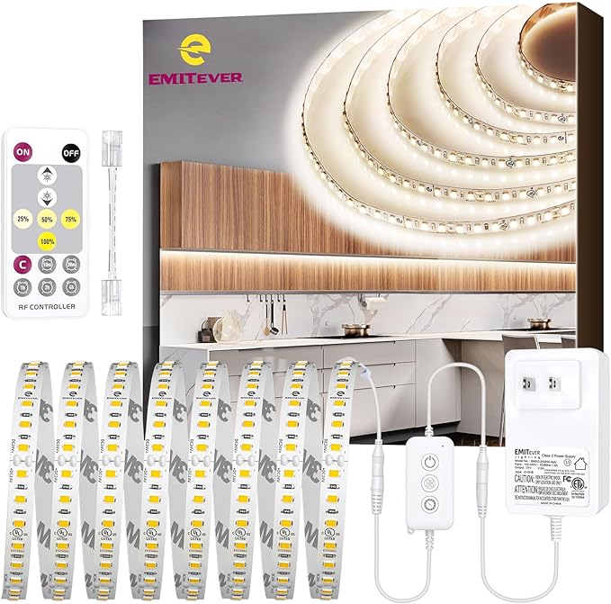 EMITEVER LED Strip Lights Kit Neutral White with Remote & 24V Power Supply,16.4ft Dimmable Tape Light 4000K, High Density 600LEDs, 240+LM/FT, CRI95+, Suitable for Bedroom Kitchen Cabinet Lighting