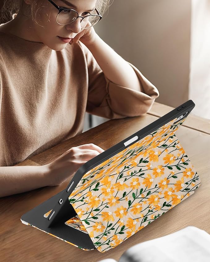 Uppuppy for iPad 10th Generation Case, for iPad (A16) 11th Generation Case - Women Girls Cute Embroidered Folio Stand Cover with Pencil Holder & Card Slot Design Aesthetic Girly Kawaii Yellow Daisy