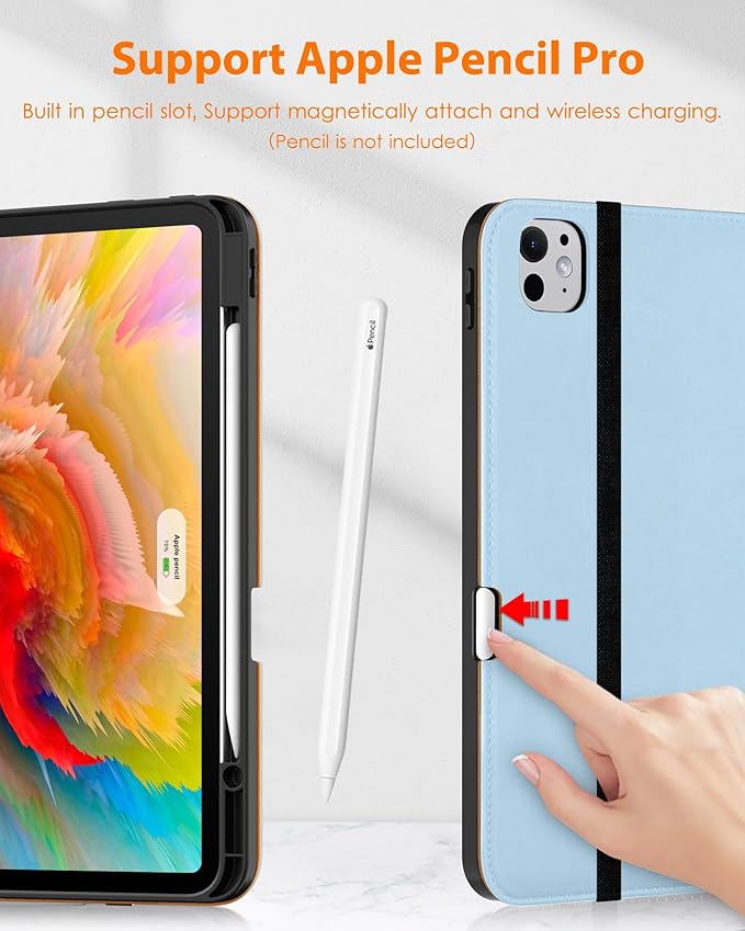 DTTO for iPad Pro 13 inch Case (M5/M4) 2025/2024, Premium Leather Business Folio Stand Cover with Pencil Holder - Auto Wake/Sleep & Multiple Viewing Angles, Built in Hand Strap & Pocket, Ice Blue