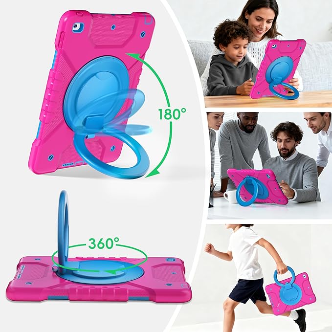Andnary Case for iPad 9th/8th/7th Generation 10.2 inch, Shockproof Cover with Screen Protector/360° Rotating Handle/Bracket/Pen Holder/Shoulder Strap, Kids Case for iPad 2021/2020/2019 (Pink+Blue)