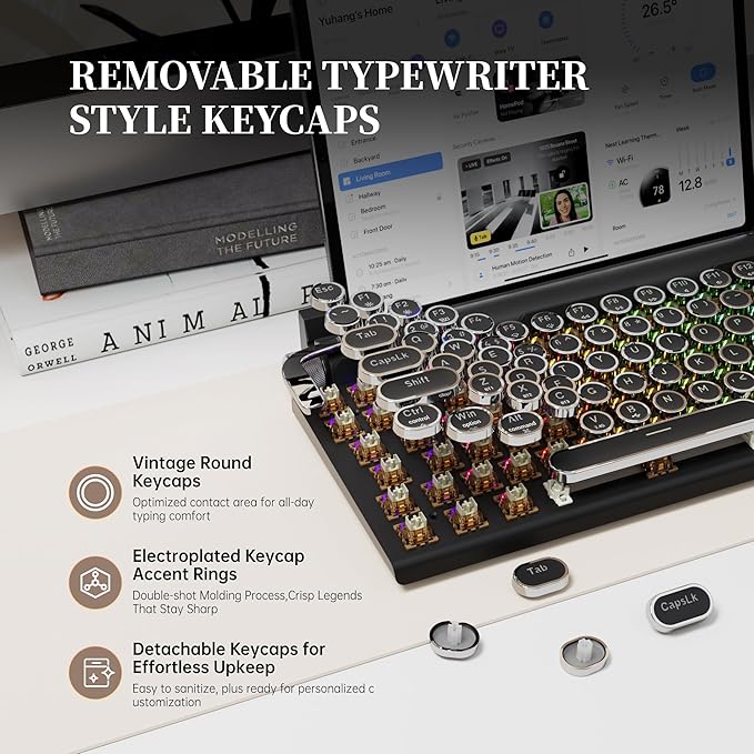 7KEYS Typewriter Keyboard Wireless Retro Style, Vintage Classical Mechanical Keyboard with Bluetooth for IPAD PC/Laptop Mac/Phone (Black+Wrist)
