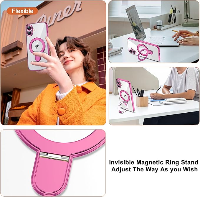 Compatible with iPhone 17 Case with Invisible Magnetic Ring Stand [Compatible with Mag-Safe] [Full Camera Lens Protector] Plating Clear Phone Case for iPhone 17 6.3", Rose