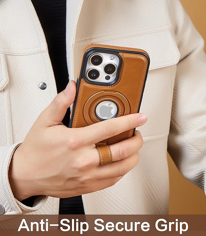 Butaiga for iPhone 14 Pro Leather Case with Stand, Anti-Slip Grip Ring, Fits for MagSafe (Brown, iPhone 14 Pro)