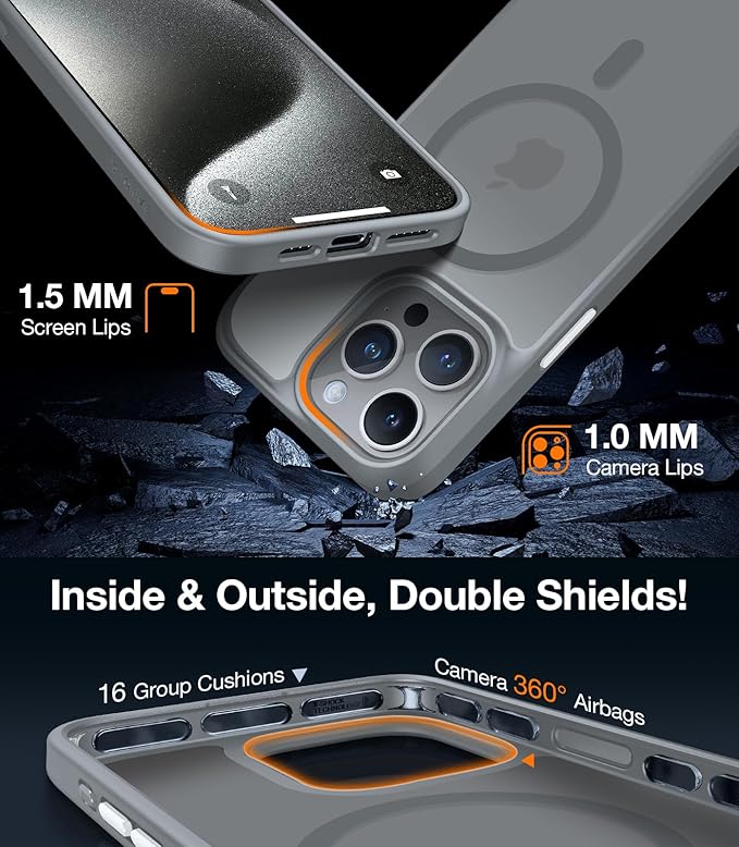 TORRAS Magnetic Shockproof Compatible with iPhone 15 Pro Case, [Military-Grade Drop Tested] [Compatible with MagSafe] Translucent Slim Protective, PC & TPU, Anti-Fingerprint Guardian Mag 2023, Grey