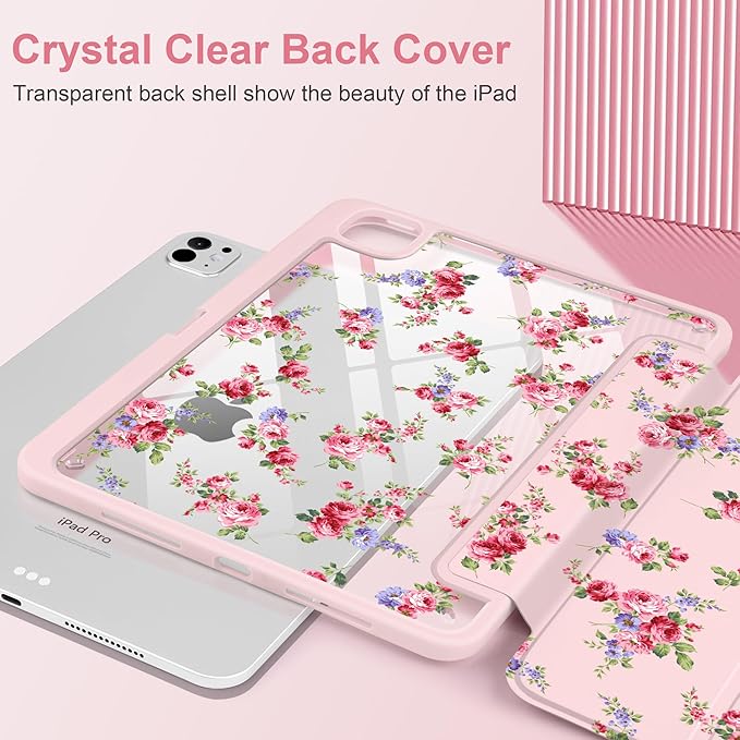 Case for iPad Pro 11 inch (M5) 2025 (M4) 2024 Release Slim Lightweight Cute Light Pink Cover with Clear Back TPU Edge Pencil Holder Trifold Stand, Elegant Rose