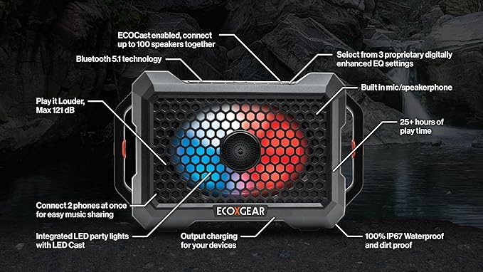 ECOXGEAR Defender: Outdoor Portable Bluetooth Speaker, 121dB Massive Sound, Waterproof and Drop Proof, with LED Party Lights, Pair up to 100, 25+ Hours Playtime (Blaze Orange)