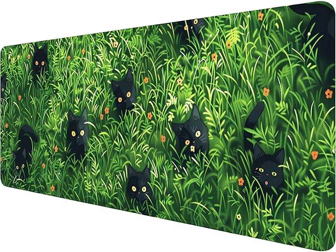 Cute Cat Desk Pad Mouse Pad Green Plant Kawaii Black Cat Flower Large Gaming Mouse Mat with Stitched Edges,Non-Slip Waterproof Rubber Base Mous Mat 31.5"x11.8" Office Computer Keyboard Laptop Home