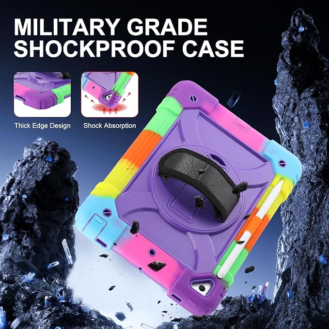 for iPad 6th Generation/iPad 5th Gen/iPad Air 2/iPad Pro 9.7" Case with Cute Key Chain, Rugged Protective Case with Rotating Stand & Shoulder Hand Strap for iPad 6th/5th/ Air 2 (Rainbow Purple)