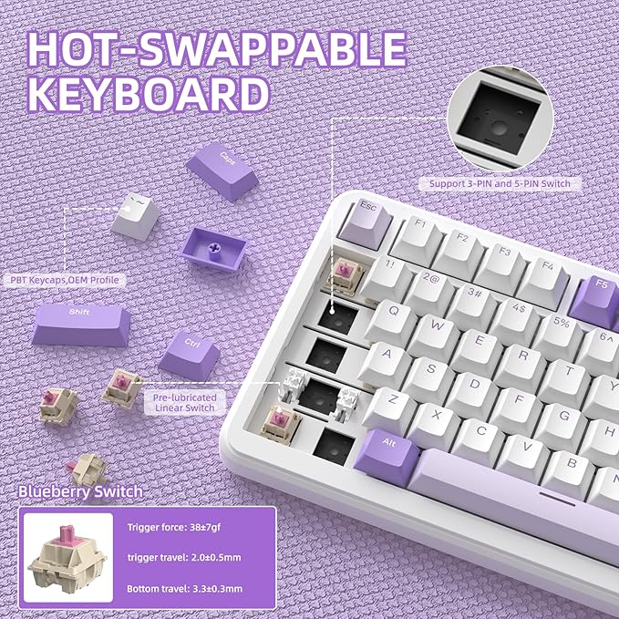 MAGIC-REFINER Attack Shark X85PRO 75% Wireless Mechanical Keyboard,TFT Smart Display&Knob,BT/2.4G/Wired Custom Gaming Keyboard,Gasket,Hot-Swap,RGB,with Pro Cable&5 Color PBT Keycaps,for PC/MAC,Purple