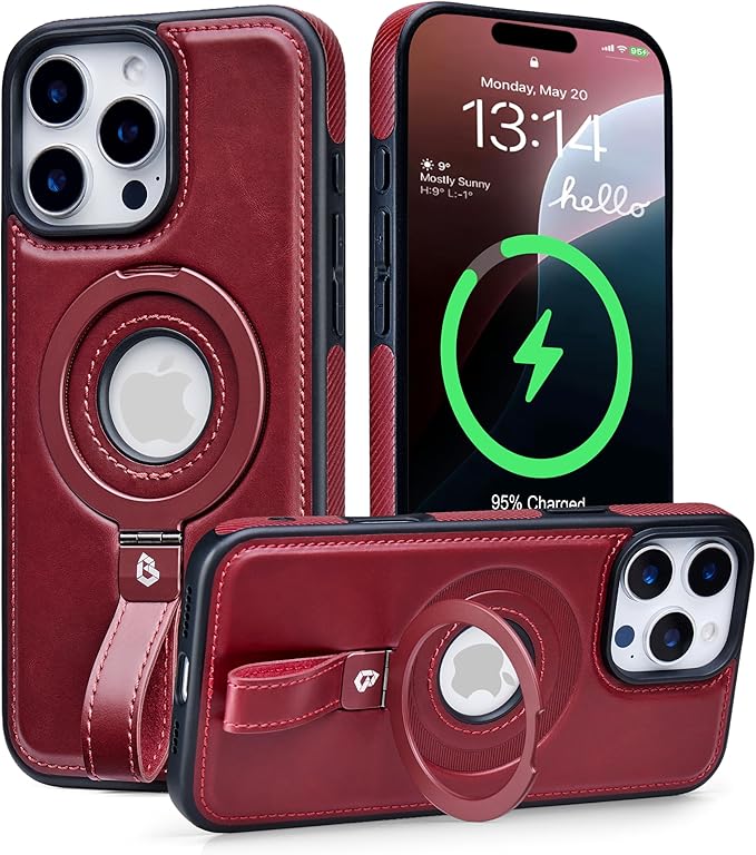 Butaiga for iPhone 12 / iPhone 12 Pro Leather Case with Stand, Anti-Slip Grip Ring, Fits for MagSafe (Burgundy, iPhone 12/12 Pro)