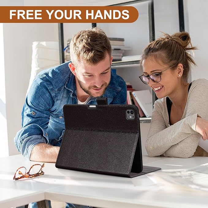 Genuine Leather Case for iPad Pro 11 inch Case (M5) 2025 / (M4) 2024 | with Pencil Holder and Adjustable Stand, Magnetic Closure, Auto Wake/Sleep Cover | Dark Brown