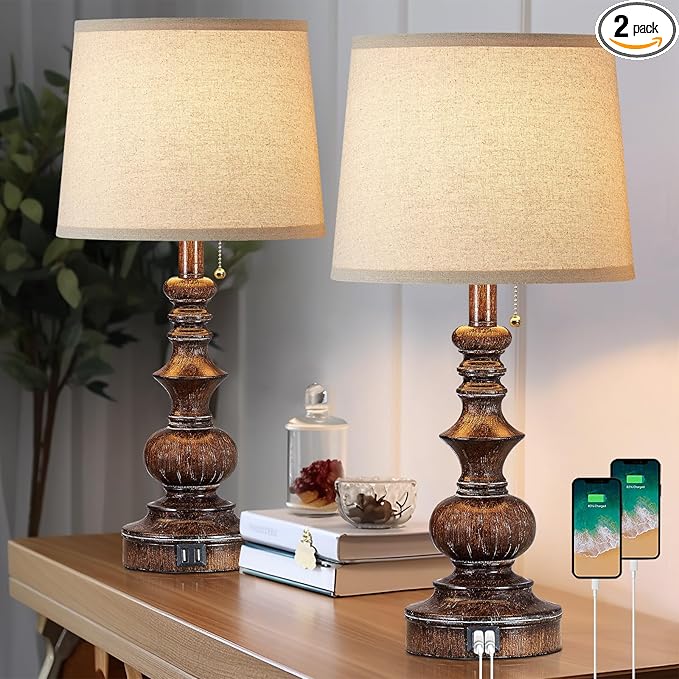 Drawealth Vintage Bedside Table Lamps Set of 2 for Bedroom Nightstand Lamps with USB Charging Ports Rustic Farmhouse Small Table Lamp for Living Room End Tables Brown Wooden Finish, Pull Chain