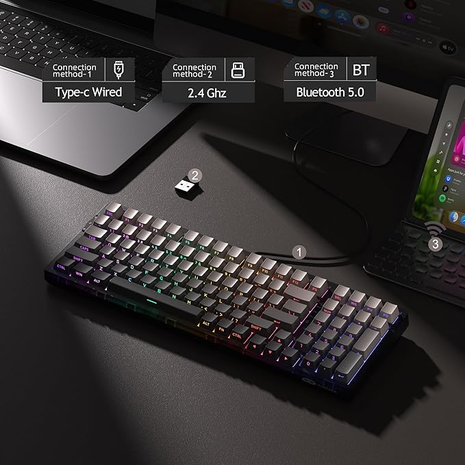 MageGee LIGHT100 Wireless Creamy Keyboard, Gasket Structure Hot Swappable, 2.4G/USB-C/BT5.0 RGB Backlit Mechanical Gaming Keyboard for Win/Mac/PC, 8000mAh Battery, Side Printed PBT Keycap, Black