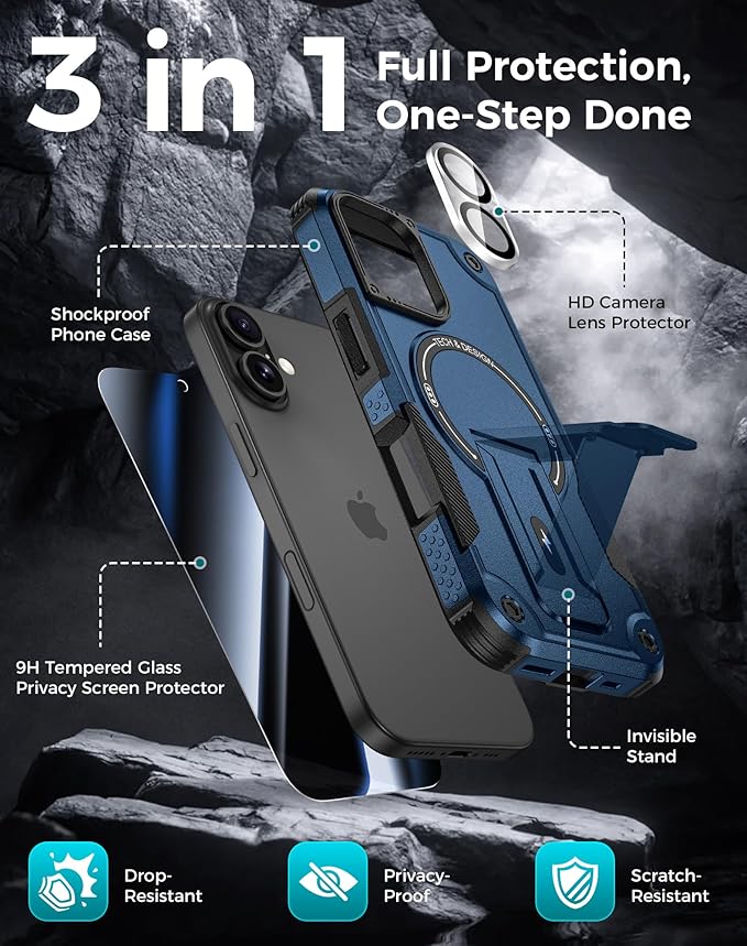 Goton for iPhone 16 Case with Privacy Tempered Glass Screen Protector & Camera Lens Protector, Compatible with MagSafe, Invisible Kickstand, Shockproof Phone Cover for iPhone16, Blue