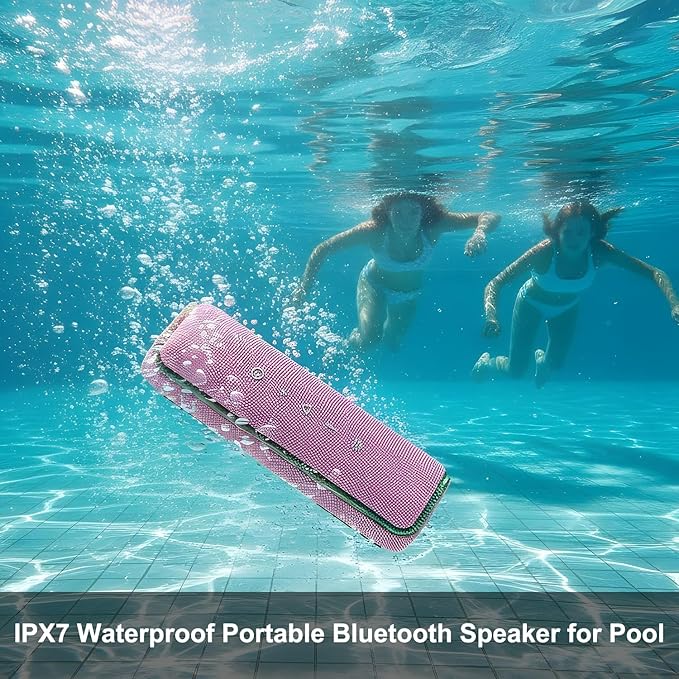 40W Bluetooth Shower Speaker, IPX7 Waterproof Floating Pool Speaker with Interactive Tap-to-Play Drum Beats, RGB Sync Lights, Built-in Mic for Hands-Free Calls, Pink