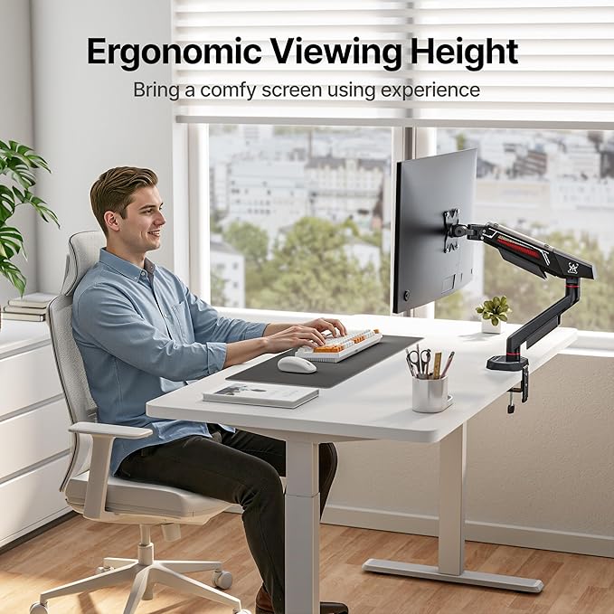 ARES WING Single Monitor Arm for 17-40 Inch Flat Curved Ultrawide Screens Up to 26.5lbs, Fully Adjustable Single Monitor Mount, C-Clamp & Grommet Base, 75/100 Vesa Mount, Black