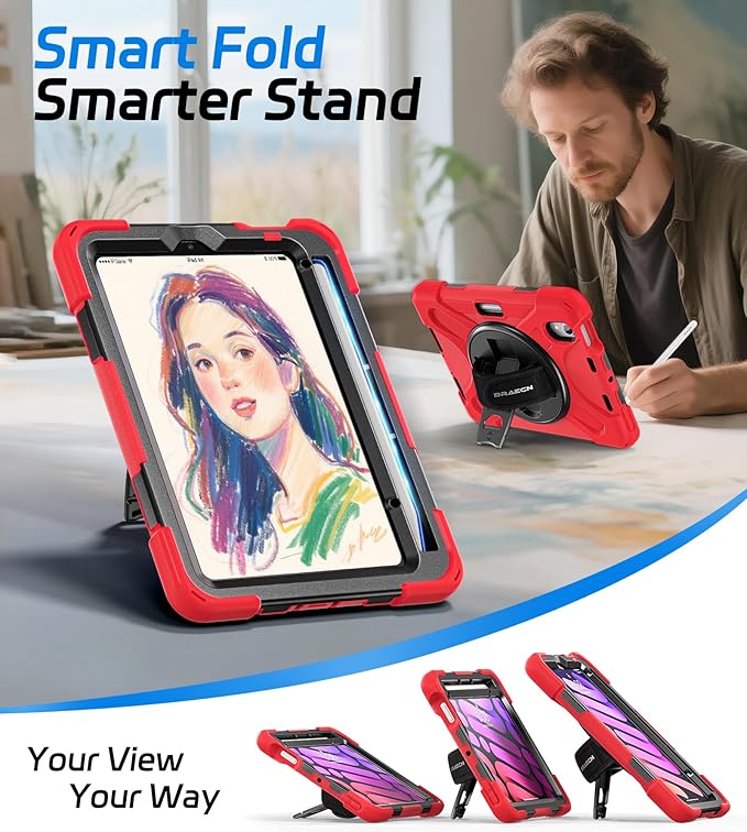 BRAECNstock Case for Apple iPad mini 7 (A17 Pro) 2024/ Mini 6 8.3", Shockproof Protective with Pencil Holder, Screen Protector, Rotating Hand Strap & Stand, Kids Case for iPad mini 7th/6th Gen, Red