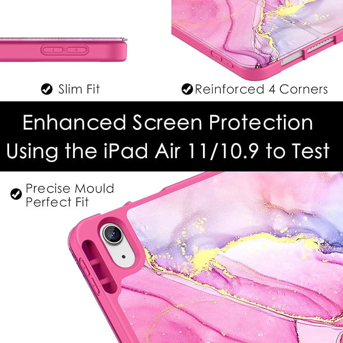 Soke Case for New iPad Air 11 Inch (M4/M3/M2, 2026-2024), iPad Air 5th/4th Generation 10.9 Inch (2020-2022) with Pencil Holder, Soft TPU Back Cover & Auto Sleep/Wake, Hot Pink Marble
